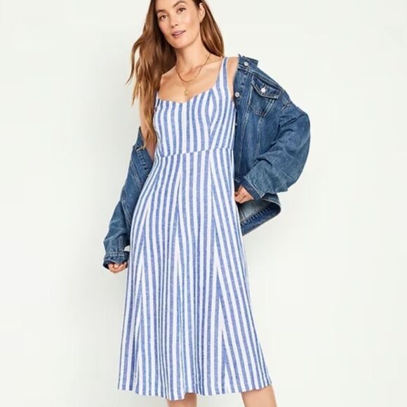 Old Navy Fit & Flare Linen Blend Midi Dress womens large white and blue stripe - Picture 1 of 13